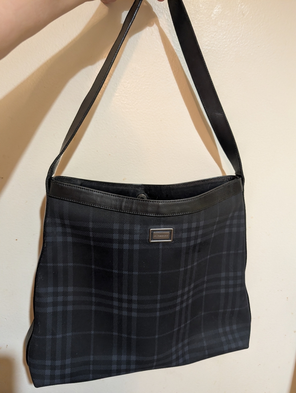 Burberry One Shoulder Shadow Nova Check Navy Blue PVC Leather Authentic As Is